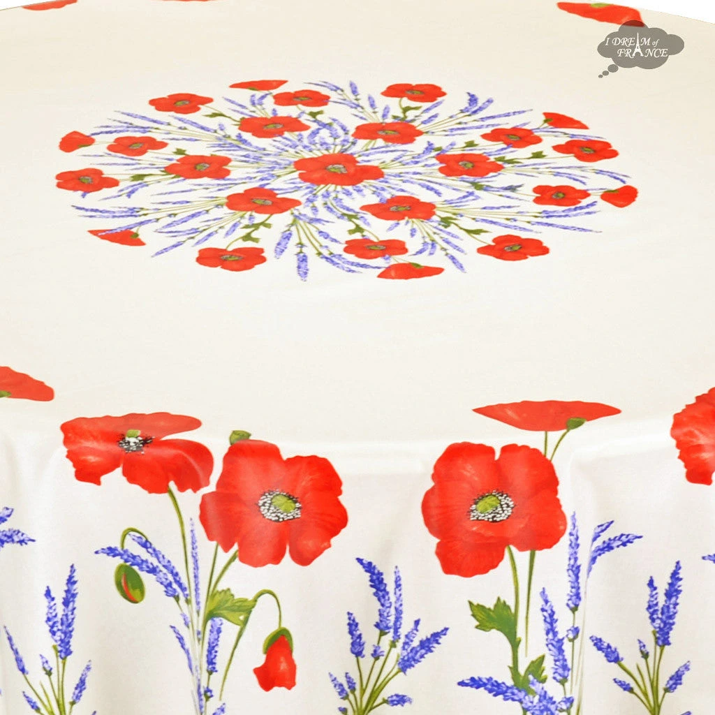 70" Round Poppies Cream Acrylic-Coated Cotton Tablecloth By Tissus Toselli Table Linens 4 70" Round Poppies Cream Acrylic-Coated Cotton Tablecloth By Tissus Toselli Table Linens