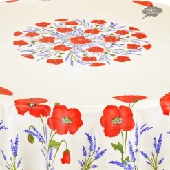 90" Round Poppies Cream Acrylic-Coated Cotton Tablecloth By Tissus Toselli Table Linens