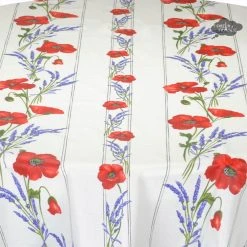 58" Round Poppies Cream Acrylic-Coated Cotton Tablecloth By Tissus Toselli Table Linens