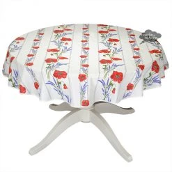 58" Round Poppies Cream Acrylic-Coated Cotton Tablecloth By Tissus Toselli Table Linens