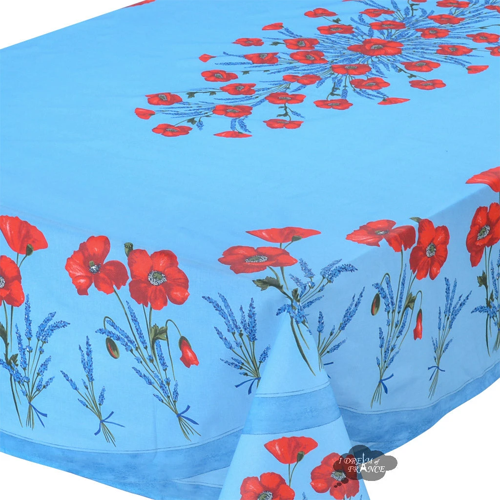 Table Linens 60x96" Rectangular Poppies Sky Blue Coated Cotton Tablecloth By Tissus Toselli 4 Table Linens 60x96" Rectangular Poppies Sky Blue Coated Cotton Tablecloth By Tissus Toselli