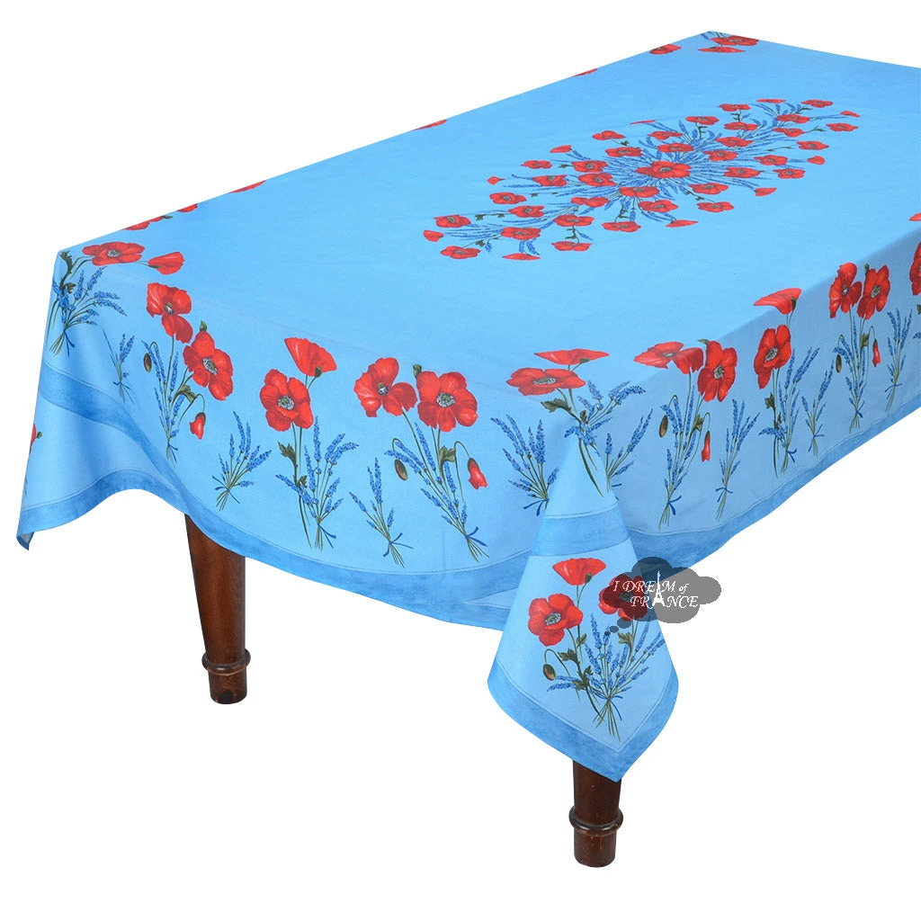 Table Linens 60x96" Rectangular Poppies Sky Blue Coated Cotton Tablecloth By Tissus Toselli 3 Table Linens 60x96" Rectangular Poppies Sky Blue Coated Cotton Tablecloth By Tissus Toselli