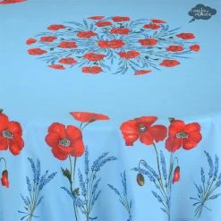 Table Linens 90" Round Poppies Sky Blue Acrylic-Coated Cotton Tablecloth By Tissus Toselli