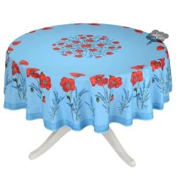 Table Linens 90" Round Poppies Sky Blue Acrylic-Coated Cotton Tablecloth By Tissus Toselli