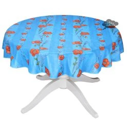 58" Round Poppies Sky Blue Acrylic-Coated Cotton Tablecloth By Tissus Toselli