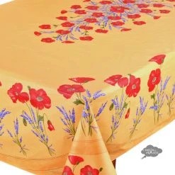 60x96" Rectangular Poppies Yellow Acrylic Coated Cotton Tablecloth By Tissus Toselli