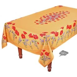 60x96" Rectangular Poppies Yellow Acrylic Coated Cotton Tablecloth By Tissus Toselli