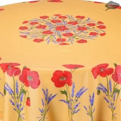 Table Linens 70" Round Poppies Yellow Acrylic-Coated Cotton Tablecloth By Tissus Toselli