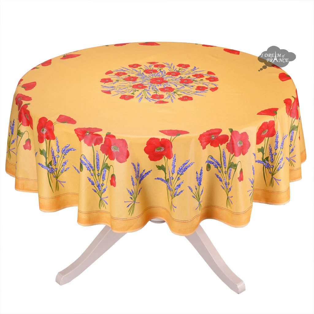 Table Linens 70" Round Poppies Yellow Acrylic-Coated Cotton Tablecloth By Tissus Toselli 3 Table Linens 70" Round Poppies Yellow Acrylic-Coated Cotton Tablecloth By Tissus Toselli