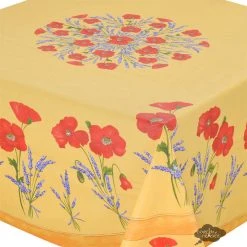 70" Square Poppies Yellow Acrylic-Coated Cotton Tablecloth By Tissus Toselli