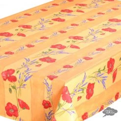 60x138" Rectangular Poppies Yellow Acrylic-Coated Cotton Tablecloth By Tissus Toselli